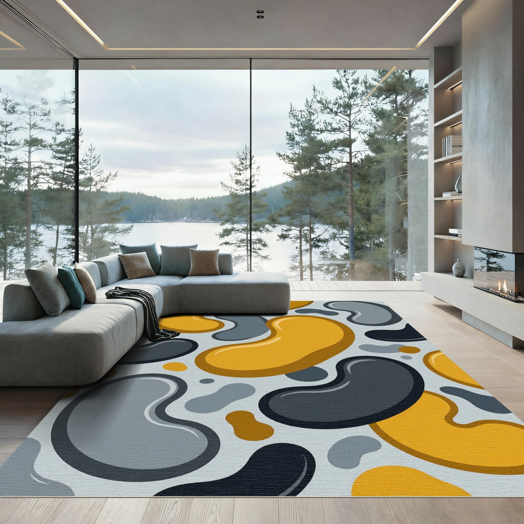 Abstract Yellow Gray Blob Arrangement Rug
