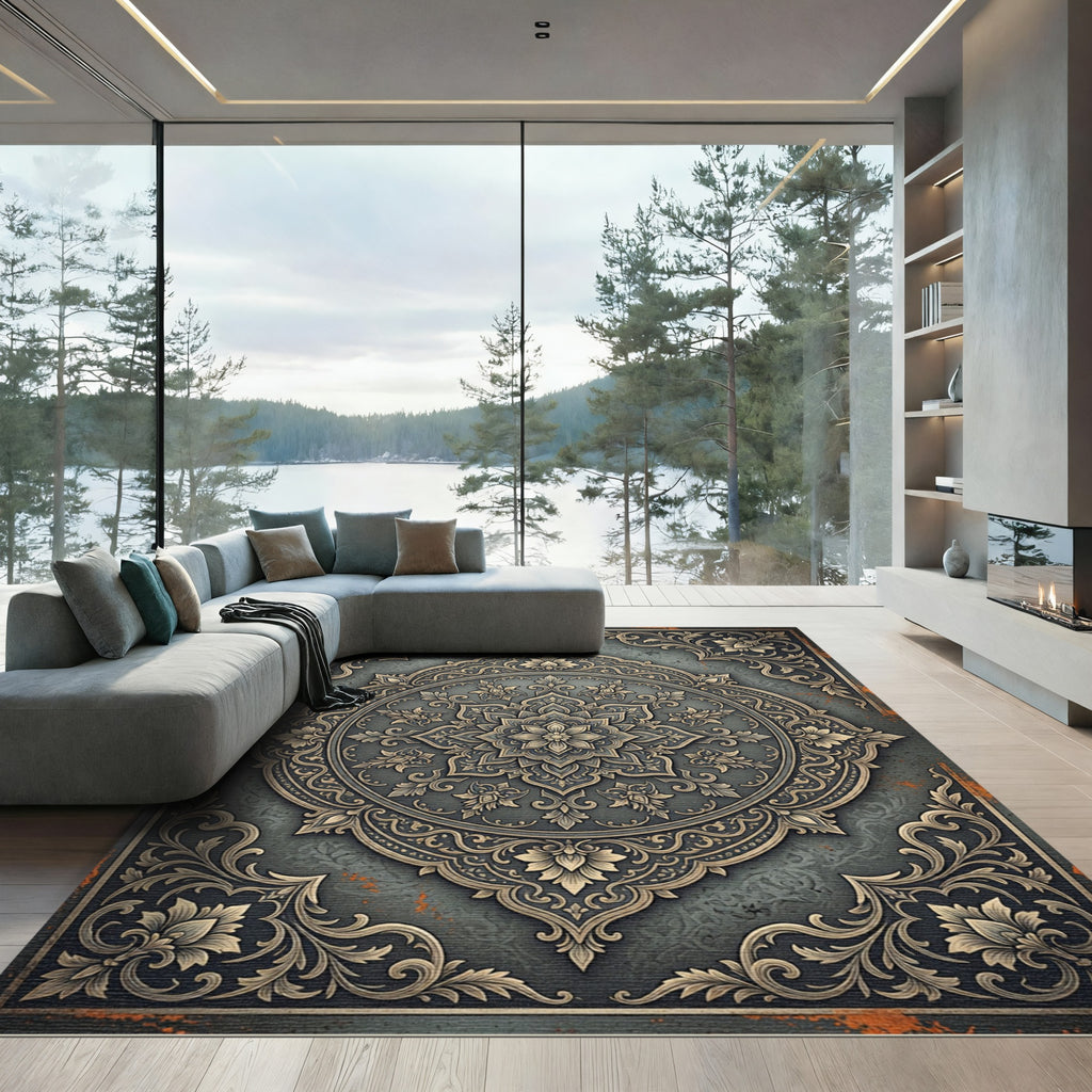 Ornate Slate Charcoal Golden Floral Medallion Rug
