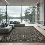 Ornate Slate Charcoal Golden Floral Medallion Rug
