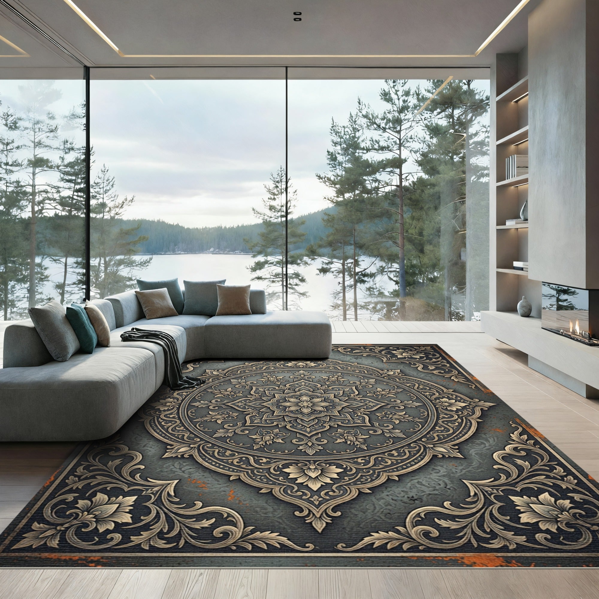 Ornate Slate Charcoal Golden Floral Medallion Rug
