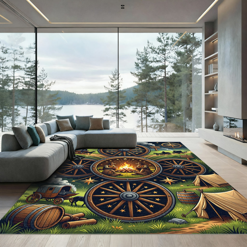 Rustic Frontier Wagon Wheel Celestial Rug
