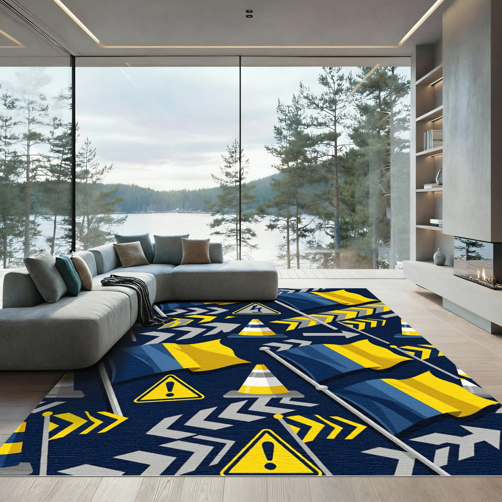 Dynamic Blue and Yellow Traffic Graphic Rug