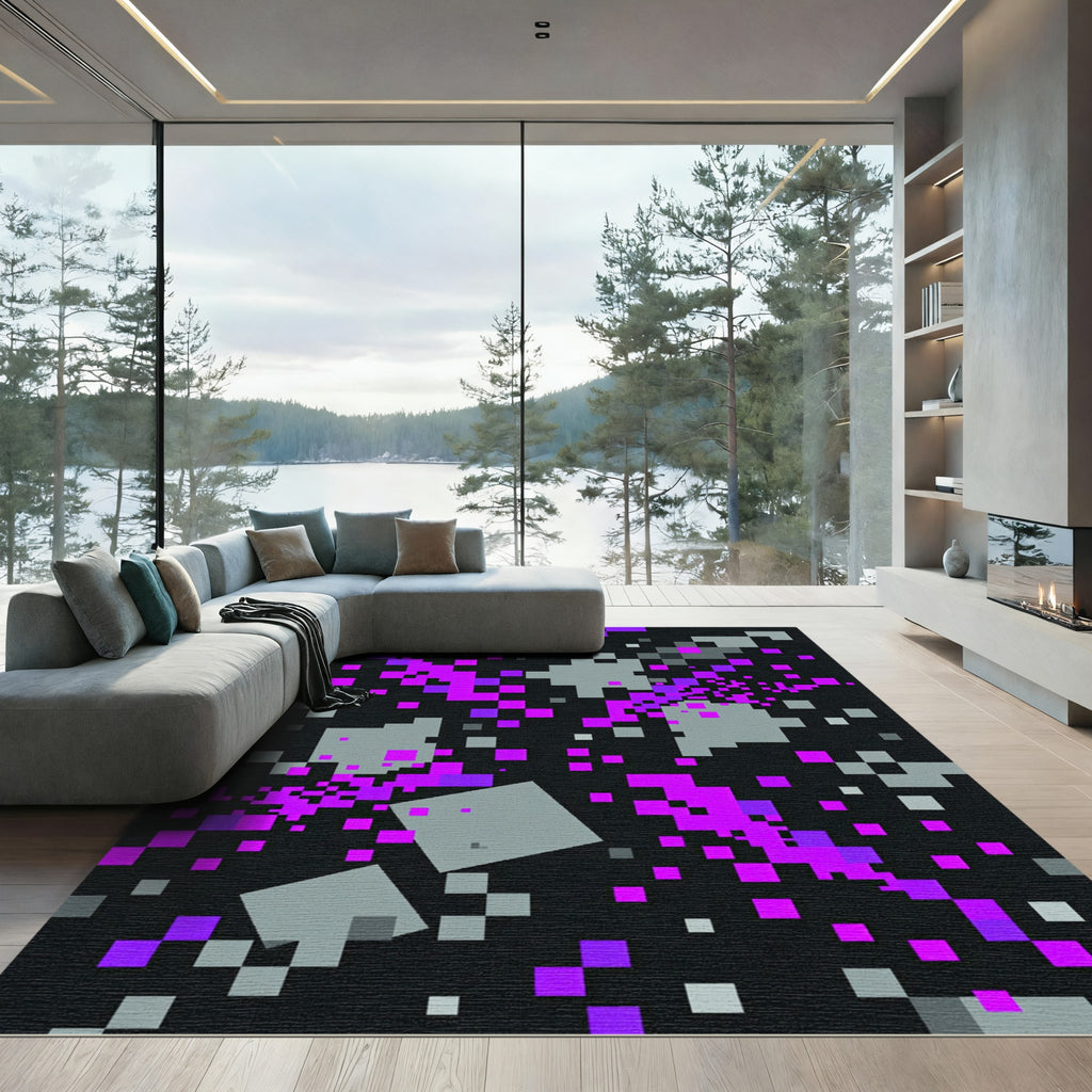 Modern Neon Purple Digital Pixel Grid Rug