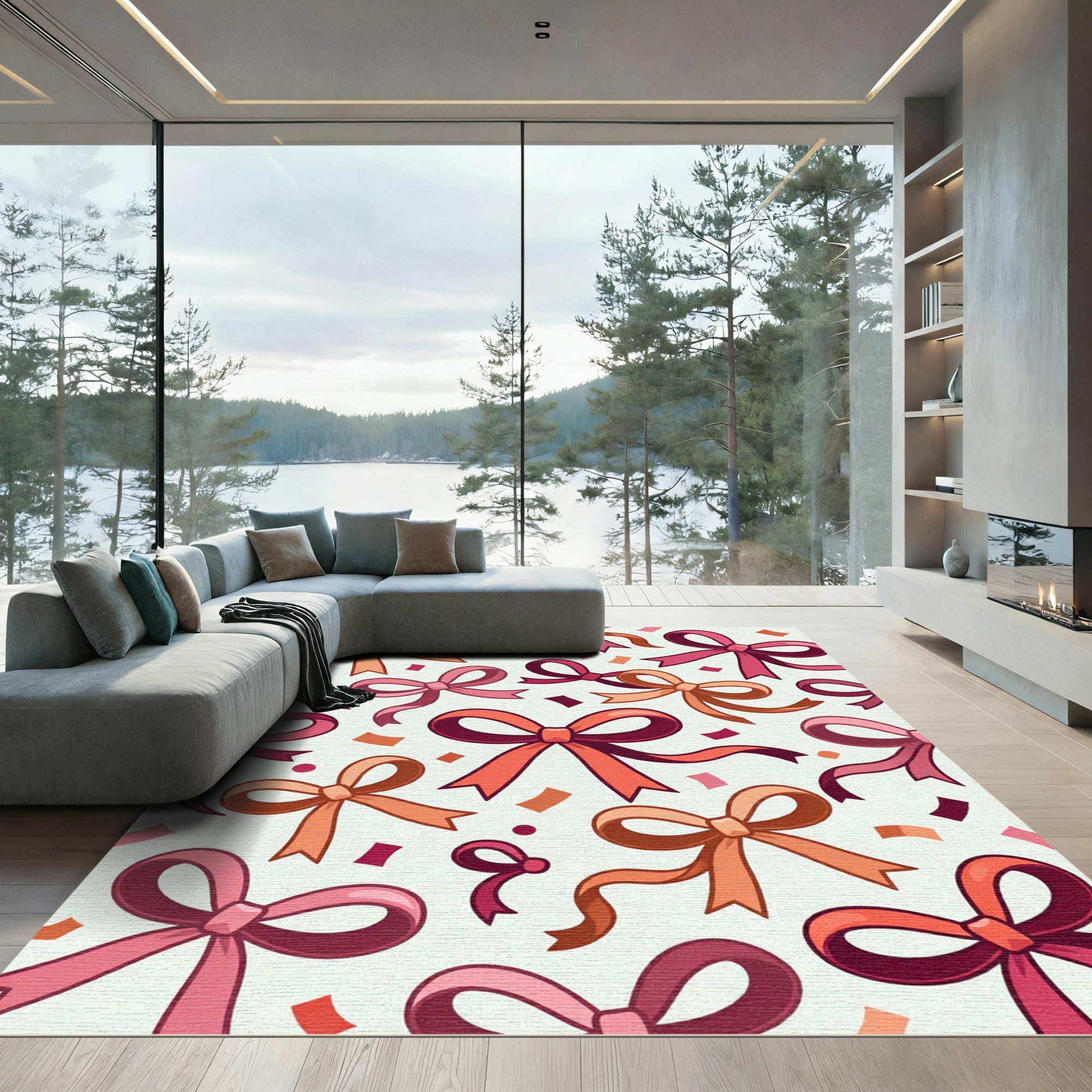 Whimsical Pink Ribbon Confetti Celebration Rug