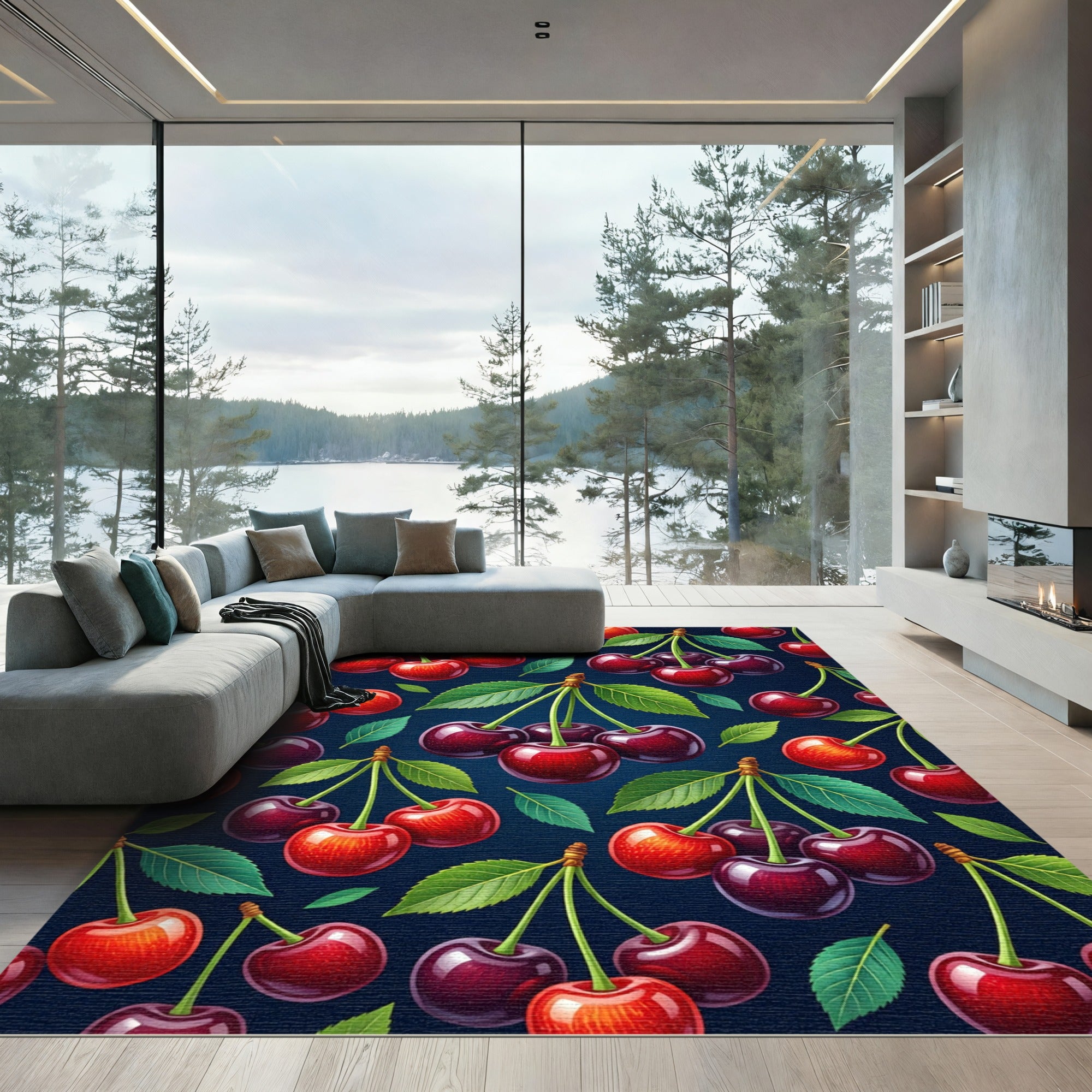 Vibrant Glossy Cherry Fruit Illustration Rug