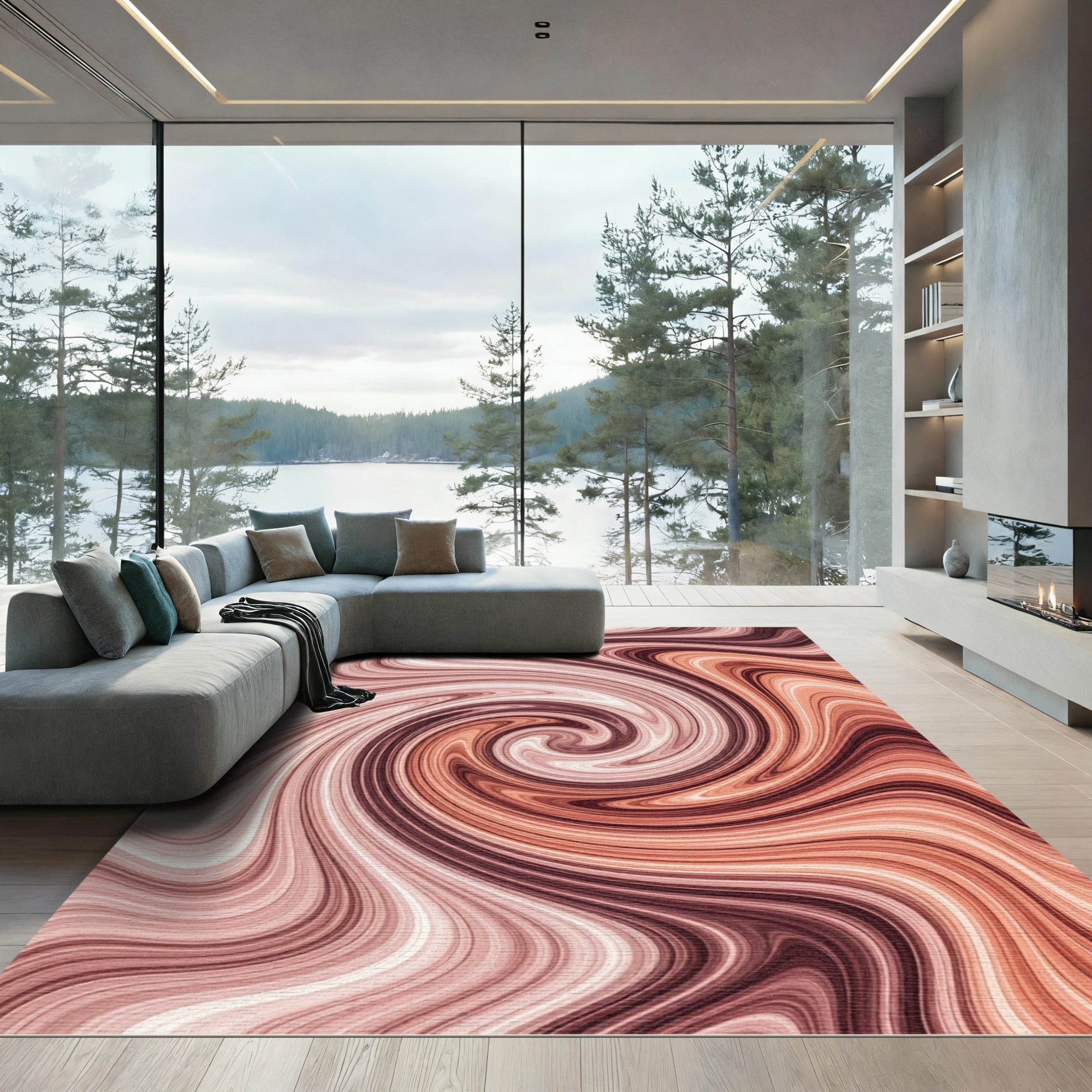 Soft Coral Swirl Abstract Rug
