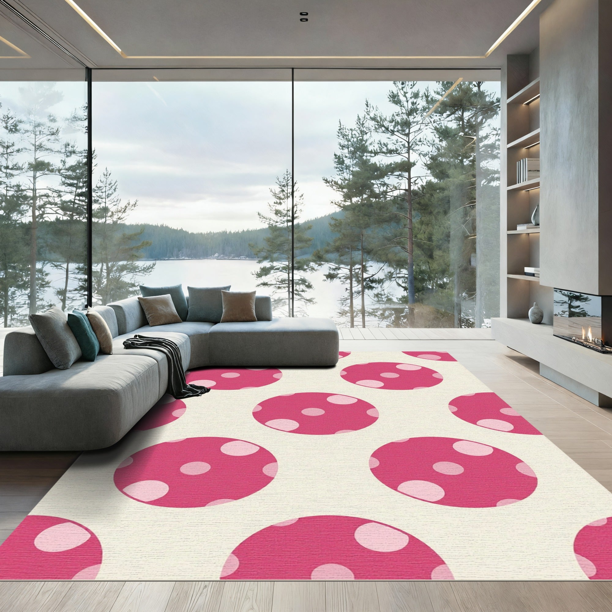 Large Magenta Polka Dot Circles Rug
