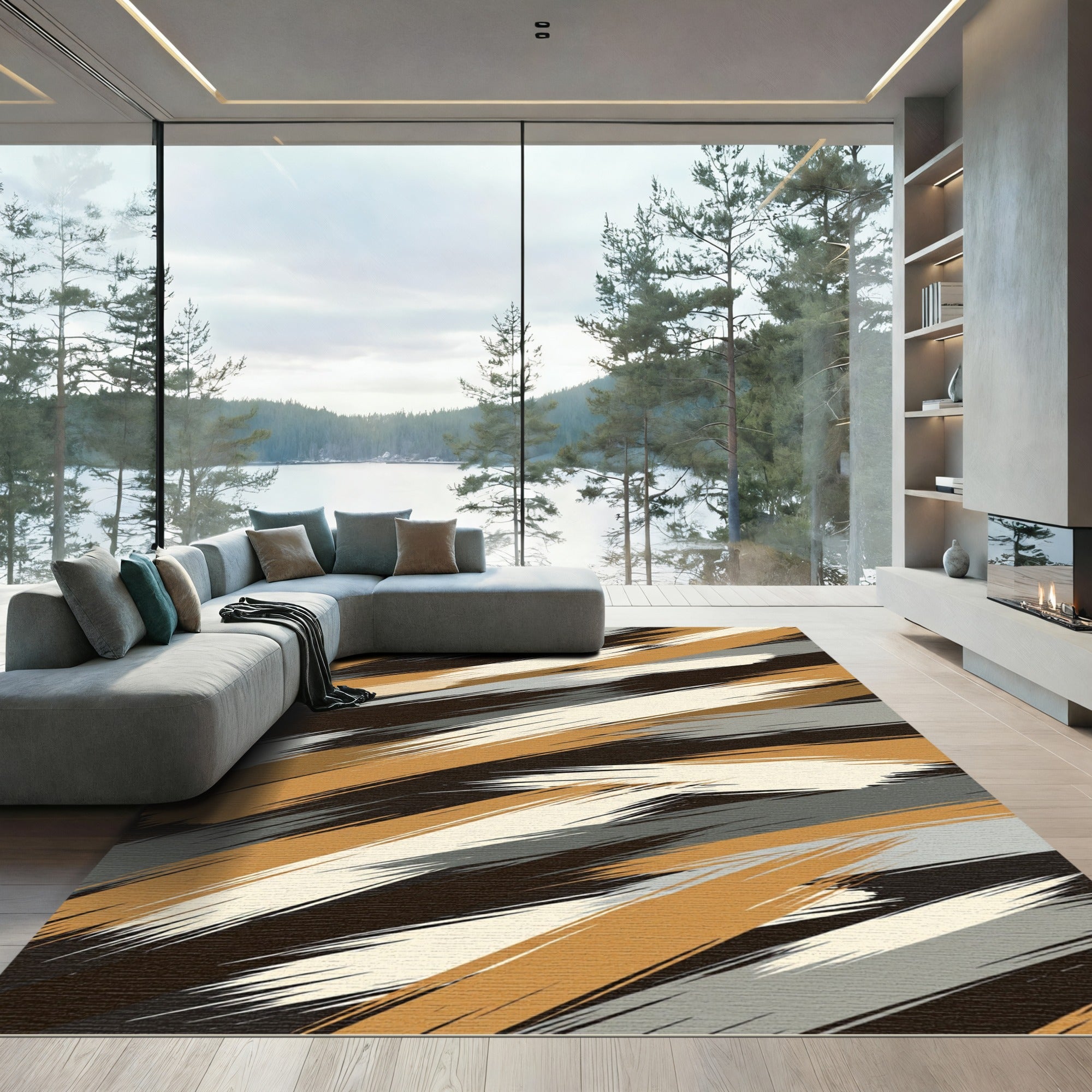 Earthy Tan Abstract Brush Strokes Rug