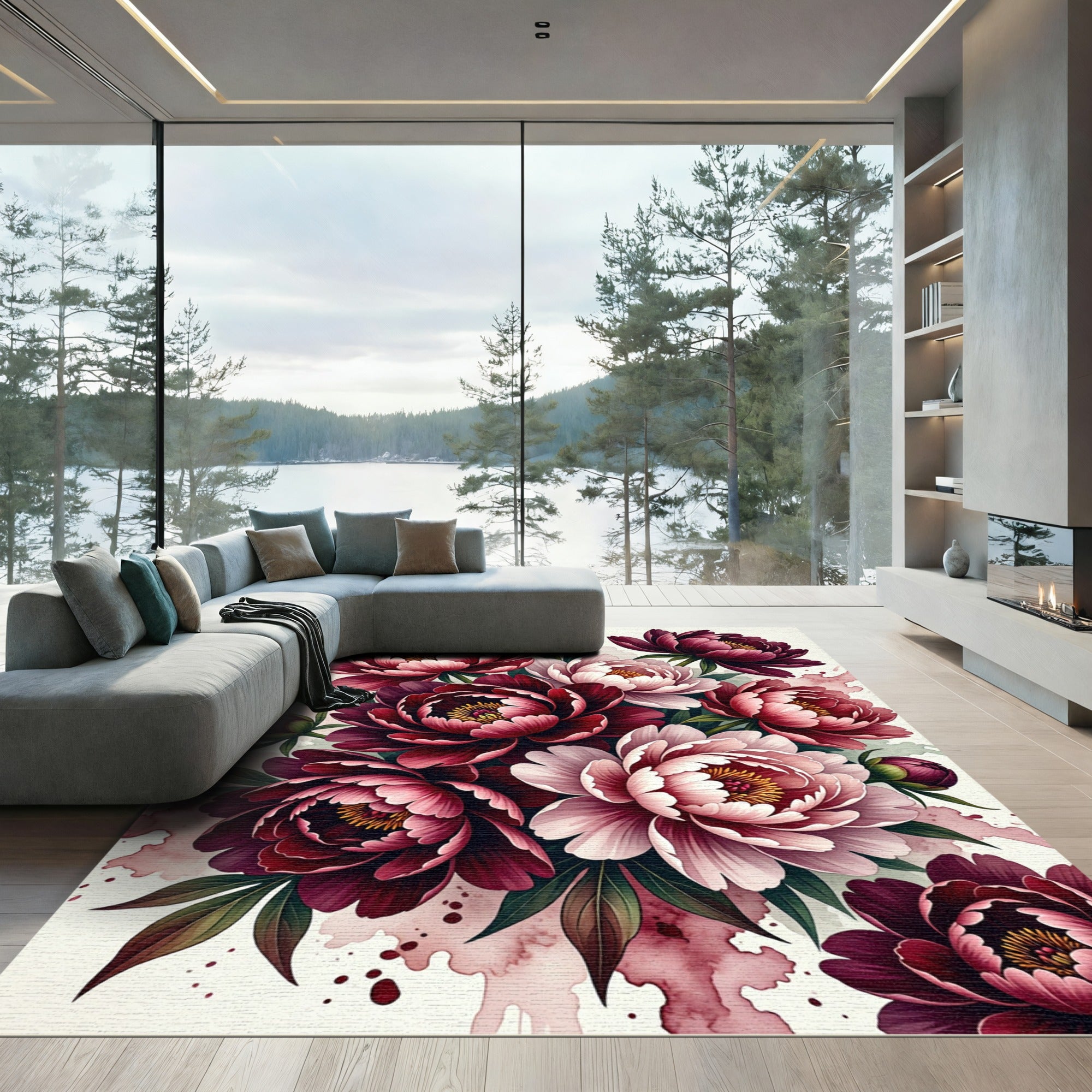 Crimson Pink Blooming Peony Bouquet Rug