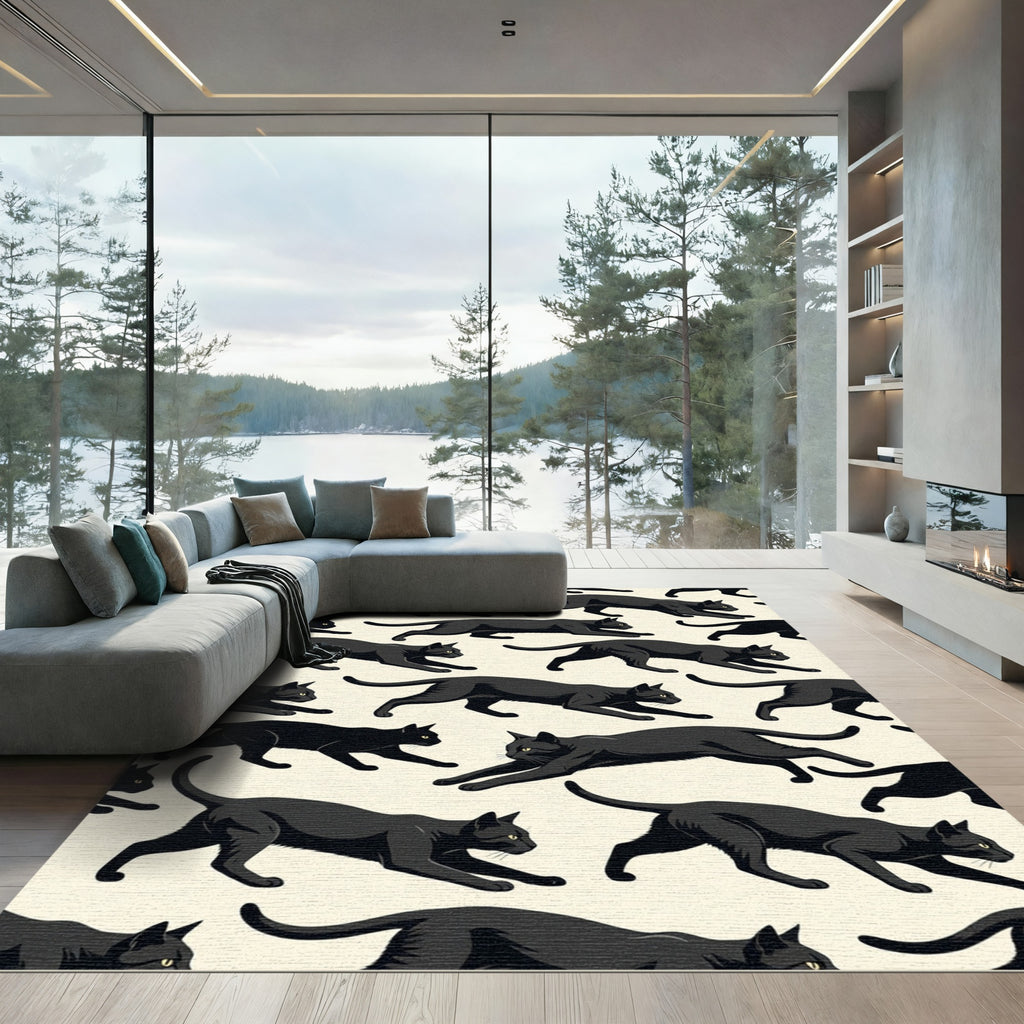 Sleek Black Cat Silhouette Wallpaper Rug