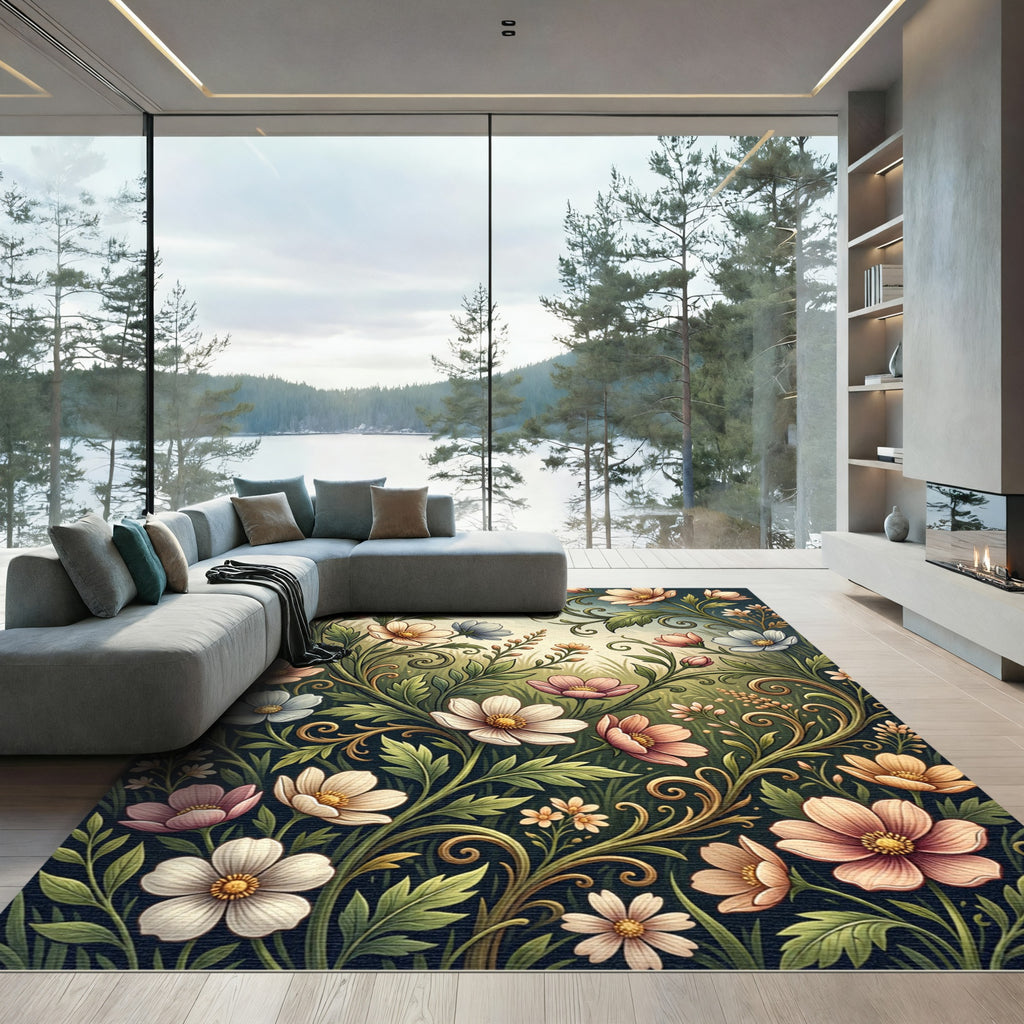 Pastel Meadow Floral Vine Swirl Rug