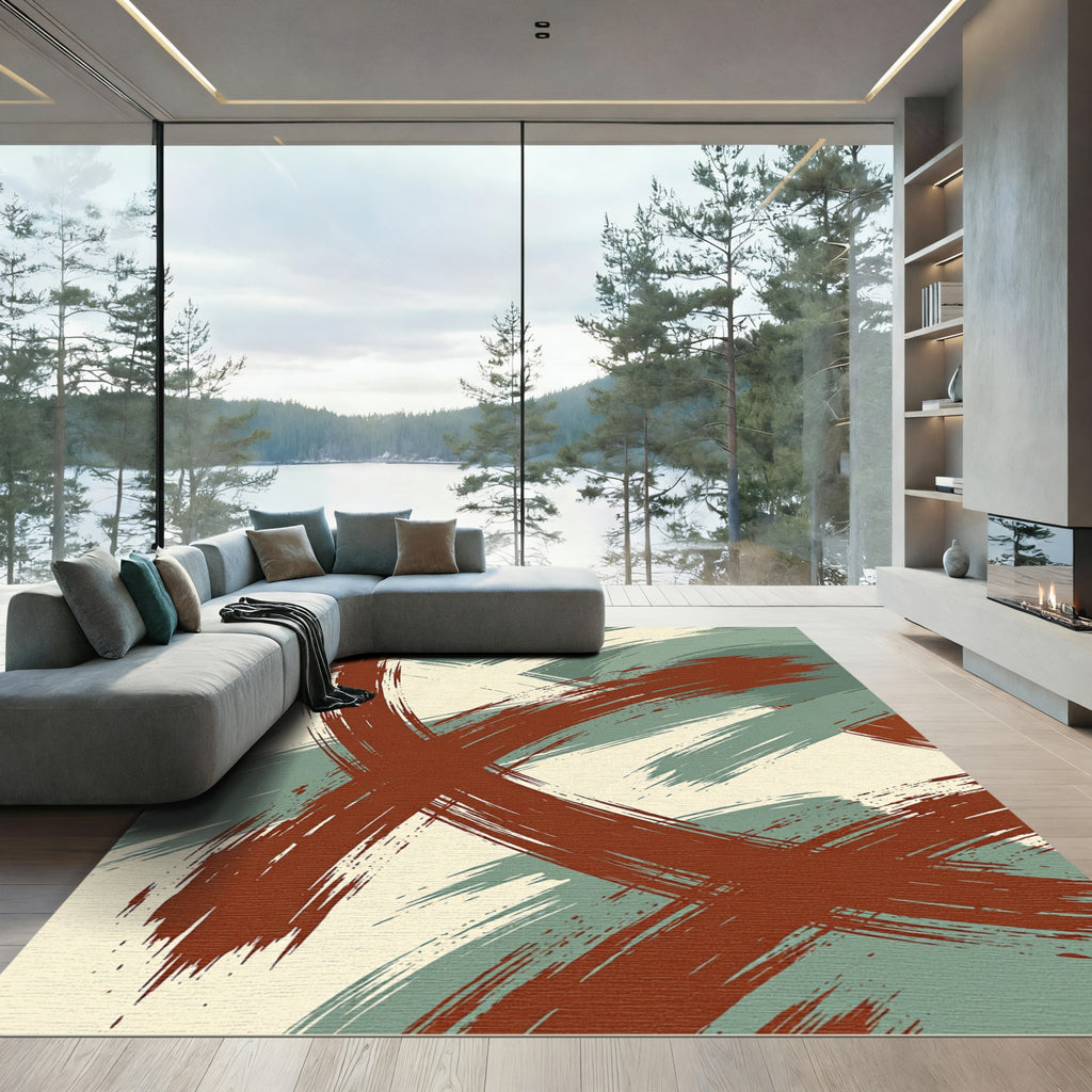 Abstract Russet and Sage Brushstrokes Rug