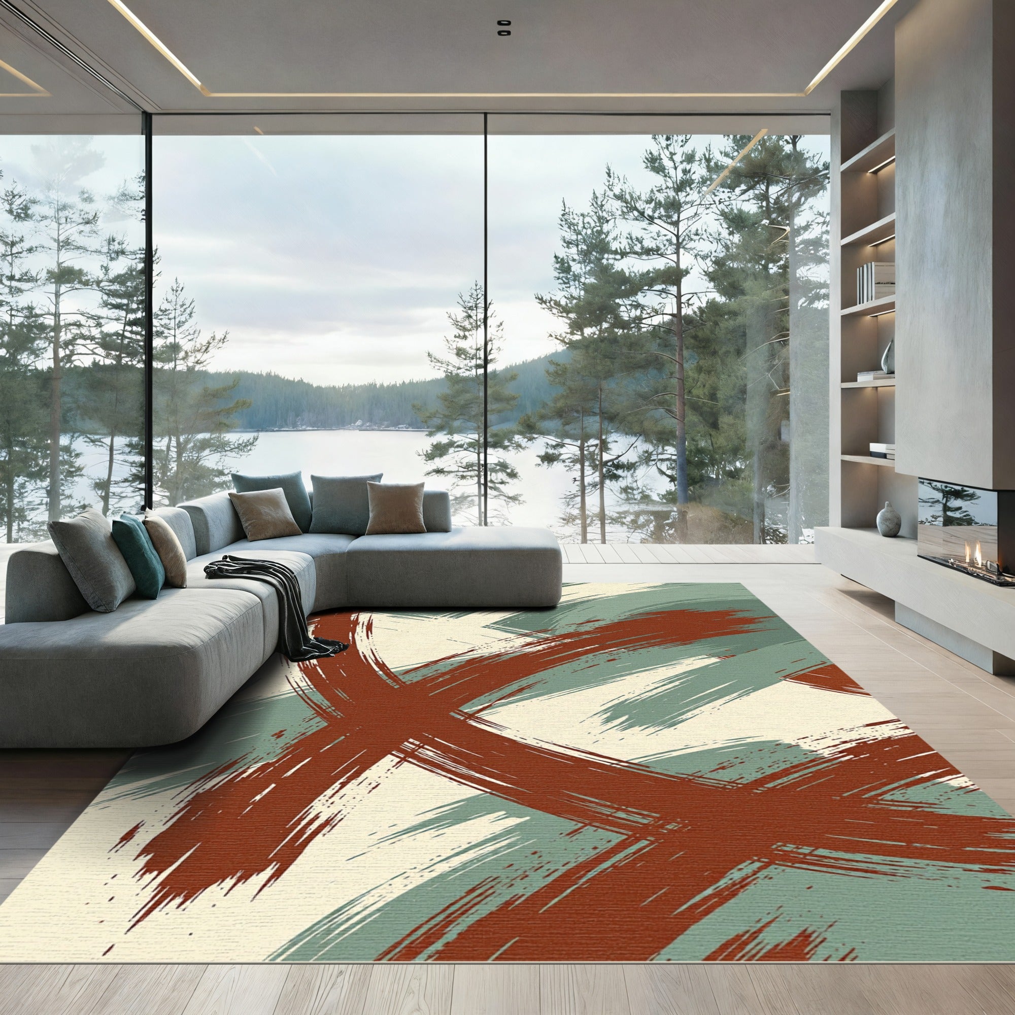 Abstract Russet and Sage Brushstrokes Rug