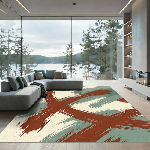 Abstract Russet and Sage Brushstrokes Rug