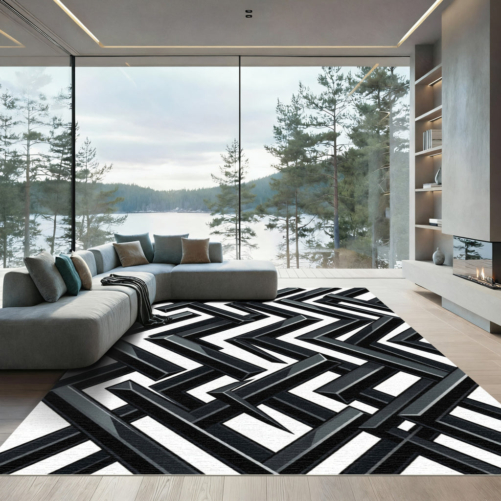 Monochrome Interlocking Rectangular Maze Rug