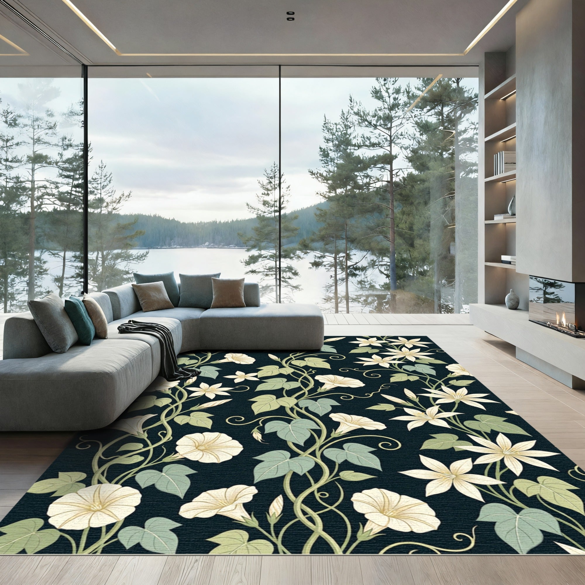 Art Nouveau Cream Floral Vine Wallpaper Rug
