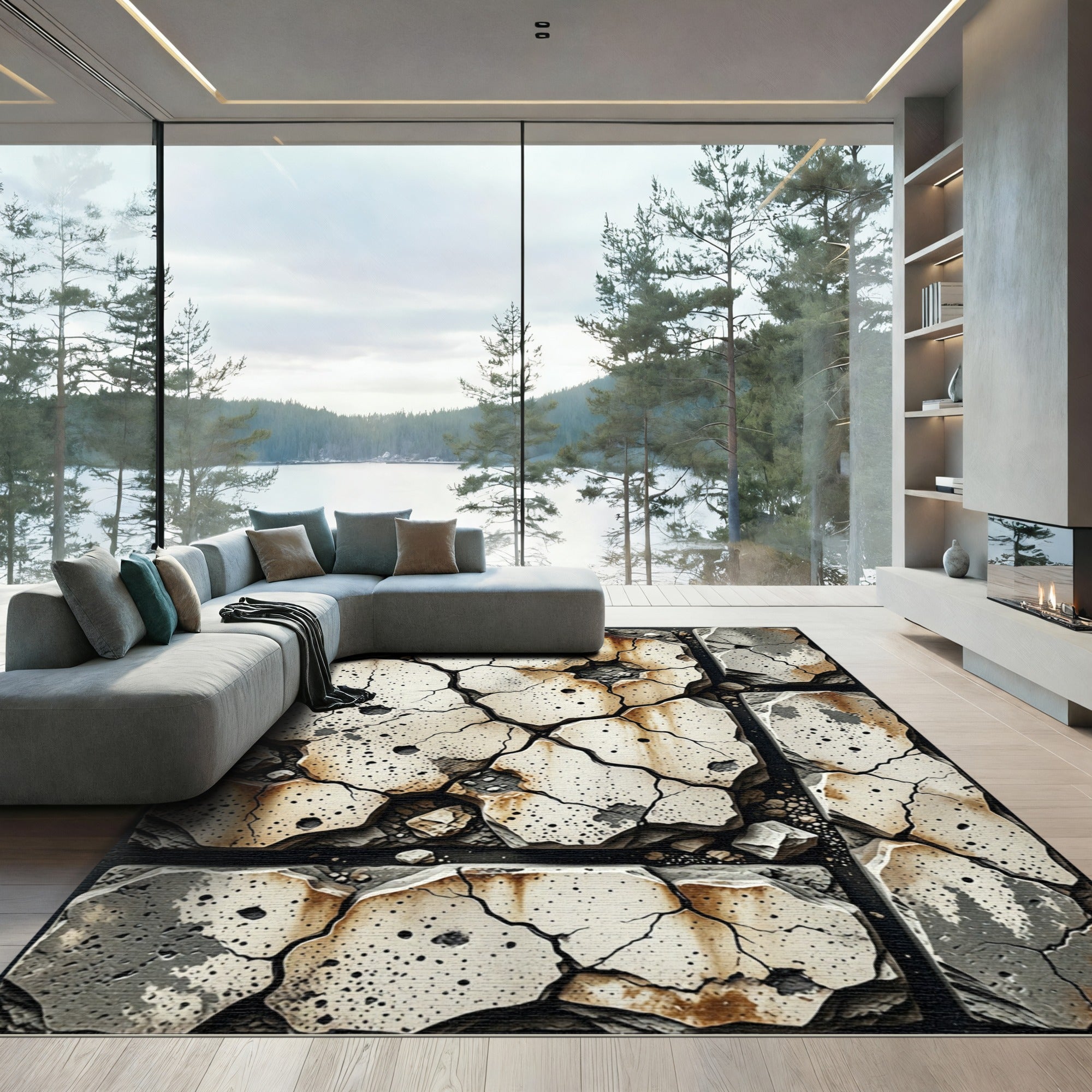 Cracked Concrete Abstract Earth Tones Rug