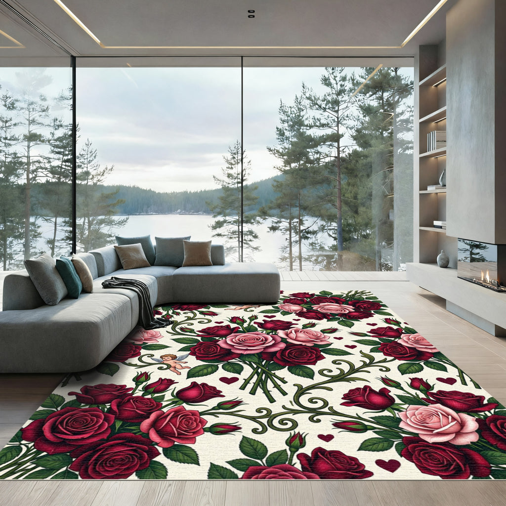 Crimson Pink Roses Cupid Heart Vine Rug