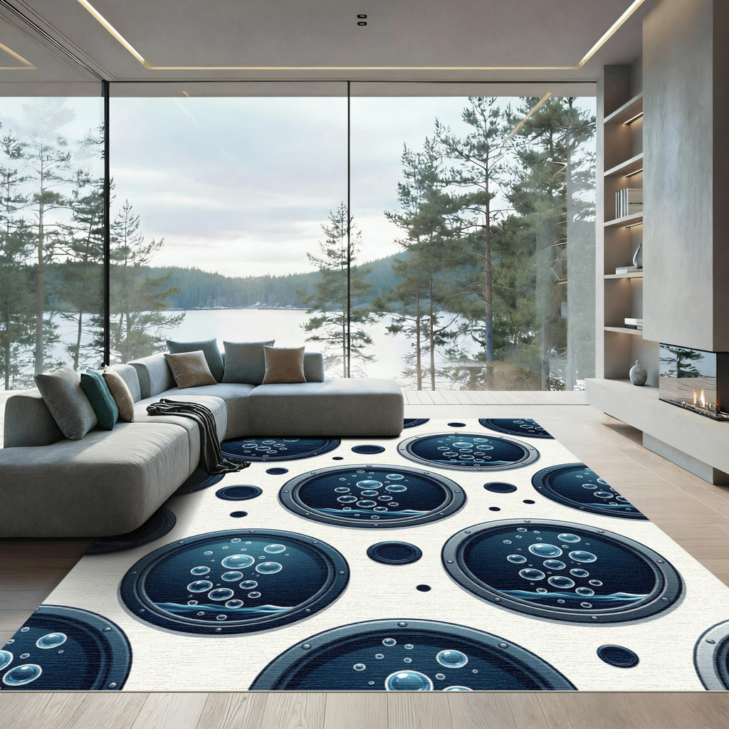 Circular Deep Blue Bubbles Porthole Art Rug
