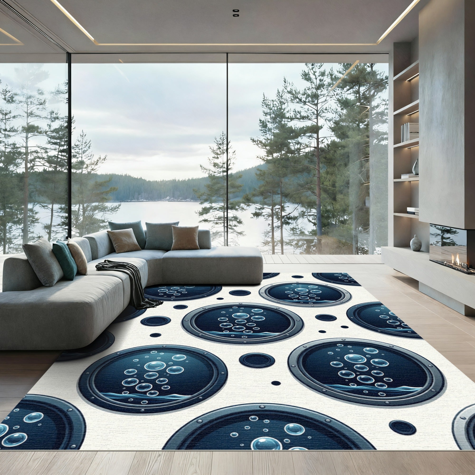 Circular Deep Blue Bubbles Porthole Art Rug