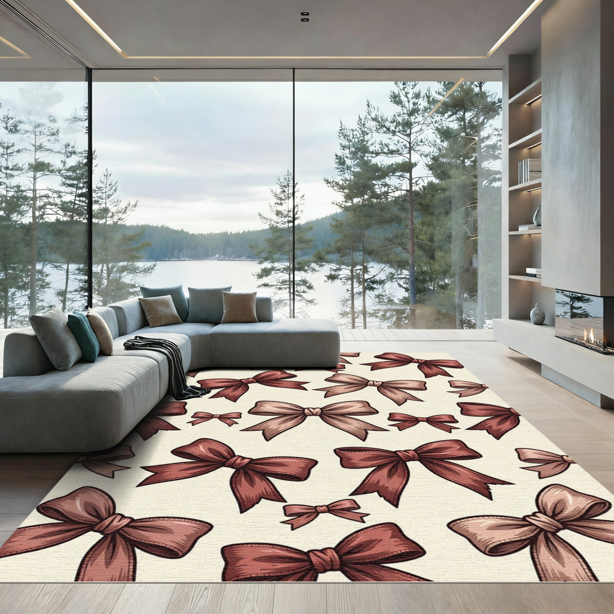 Whimsical Chocolate Bow Ribbon Illustration Rug