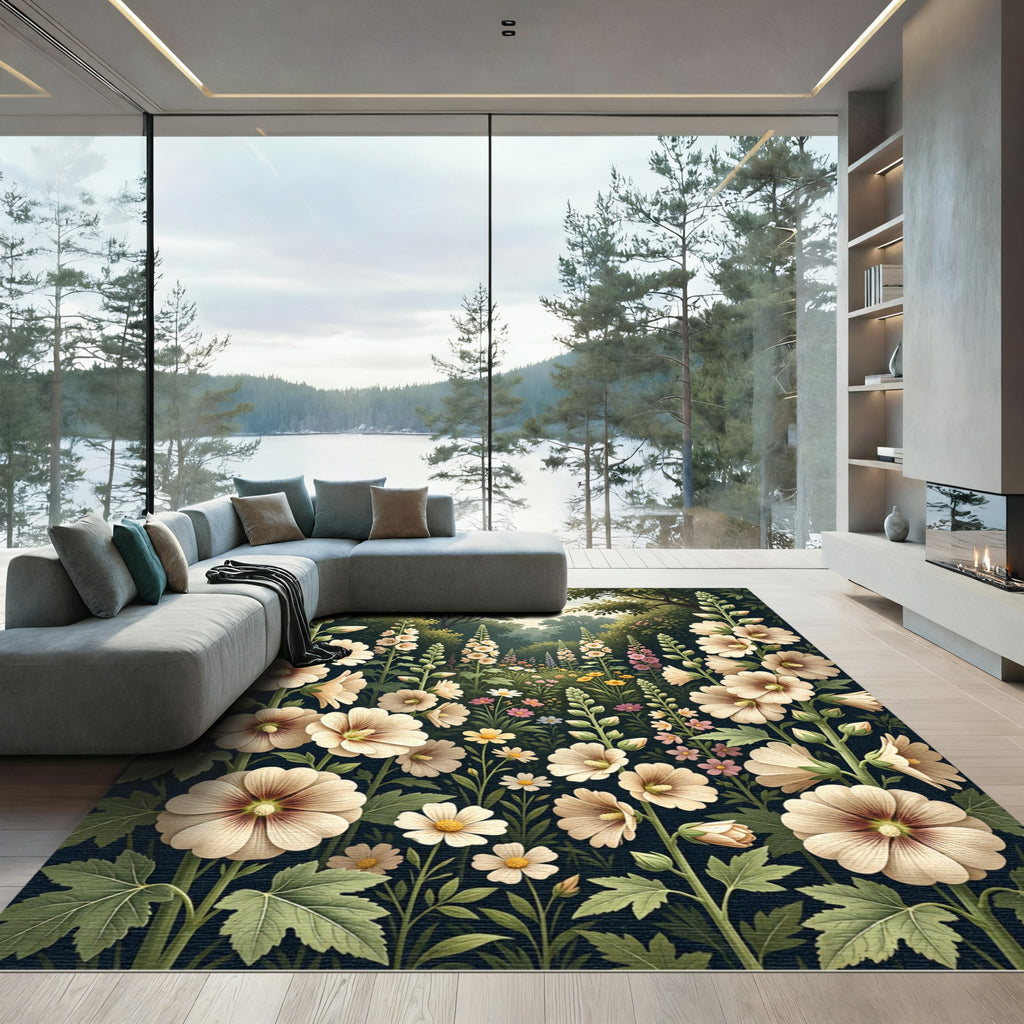 Cream Hollyhock Floral Garden Meadow Rug