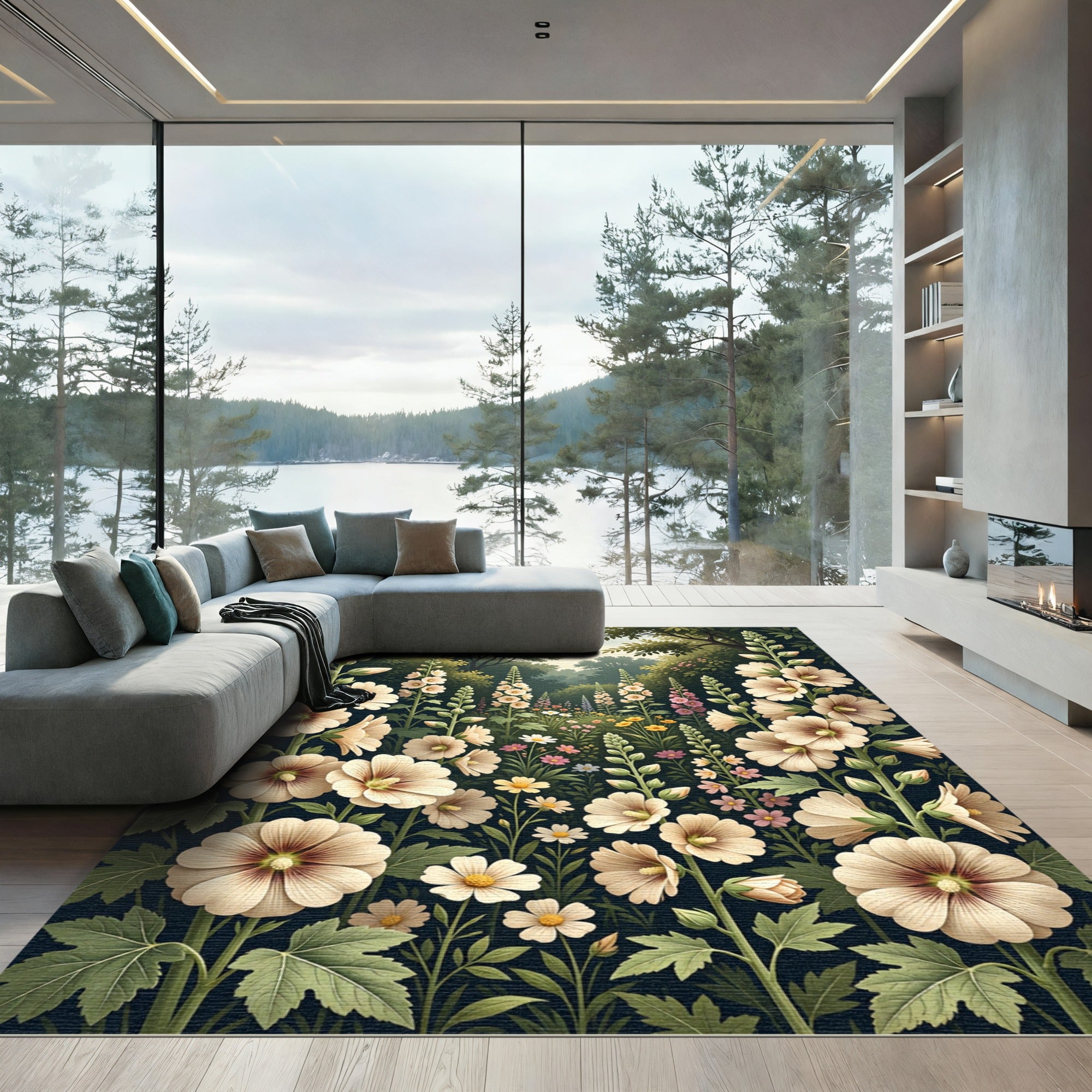 Cream Hollyhock Floral Garden Meadow Rug