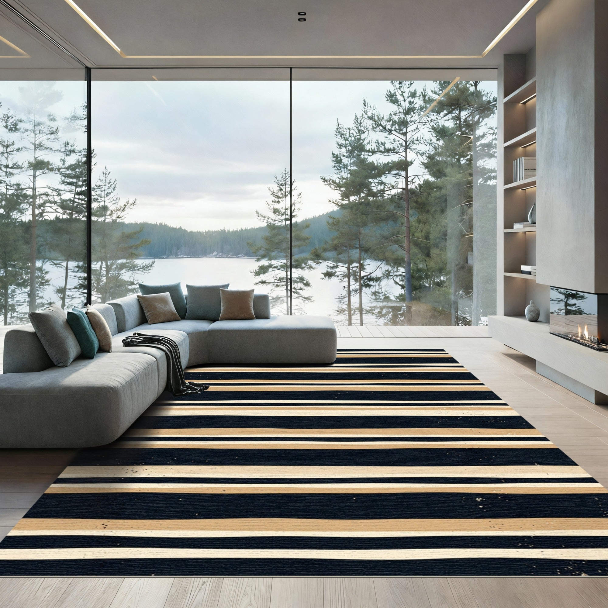 Modern Black Gold Striped Abstraction Rug