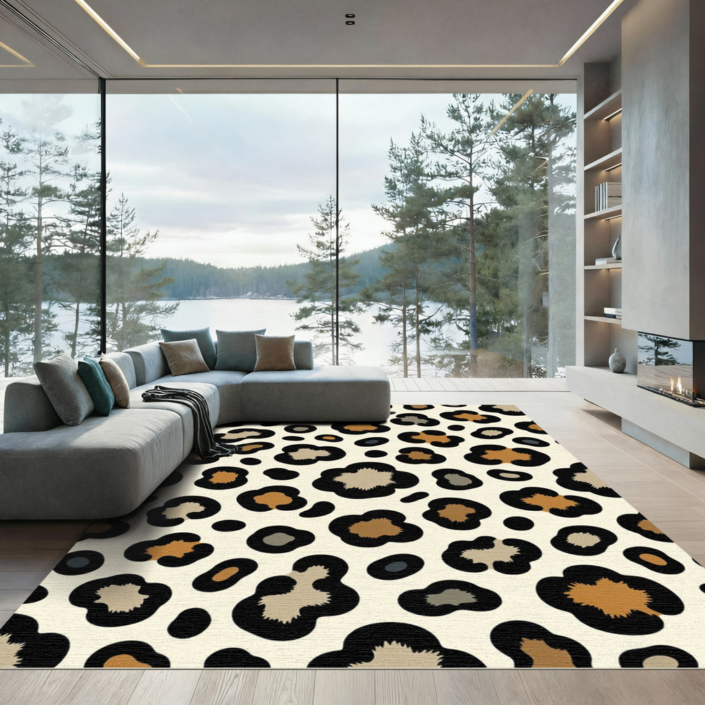 Leopard Print Cream Tan Black Spots Rug