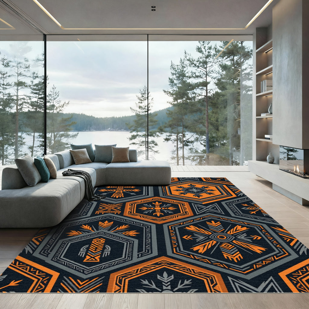 Bold Orange Grey Hexagonal Geometric Folklore Rug
