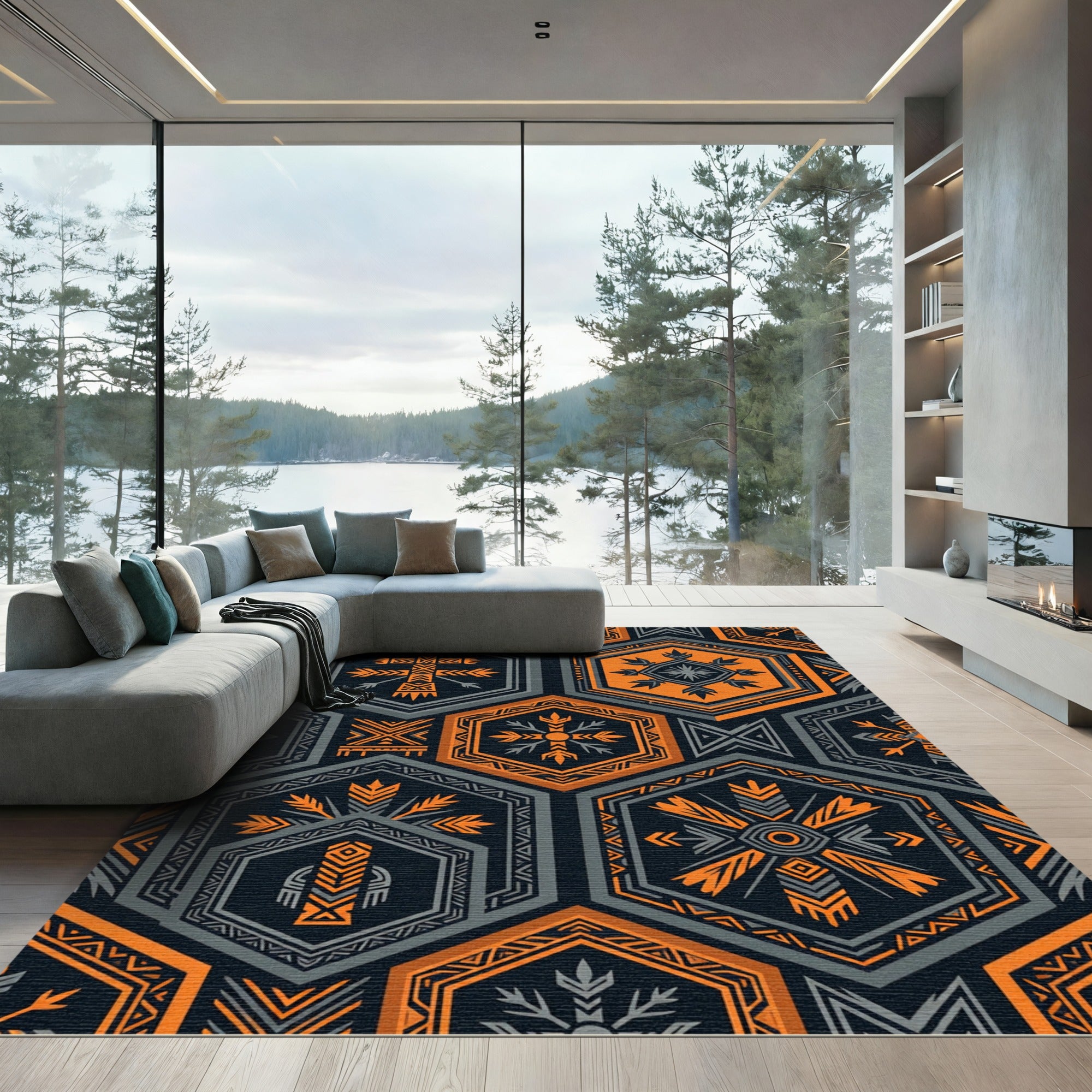 Bold Orange Grey Hexagonal Geometric Folklore Rug