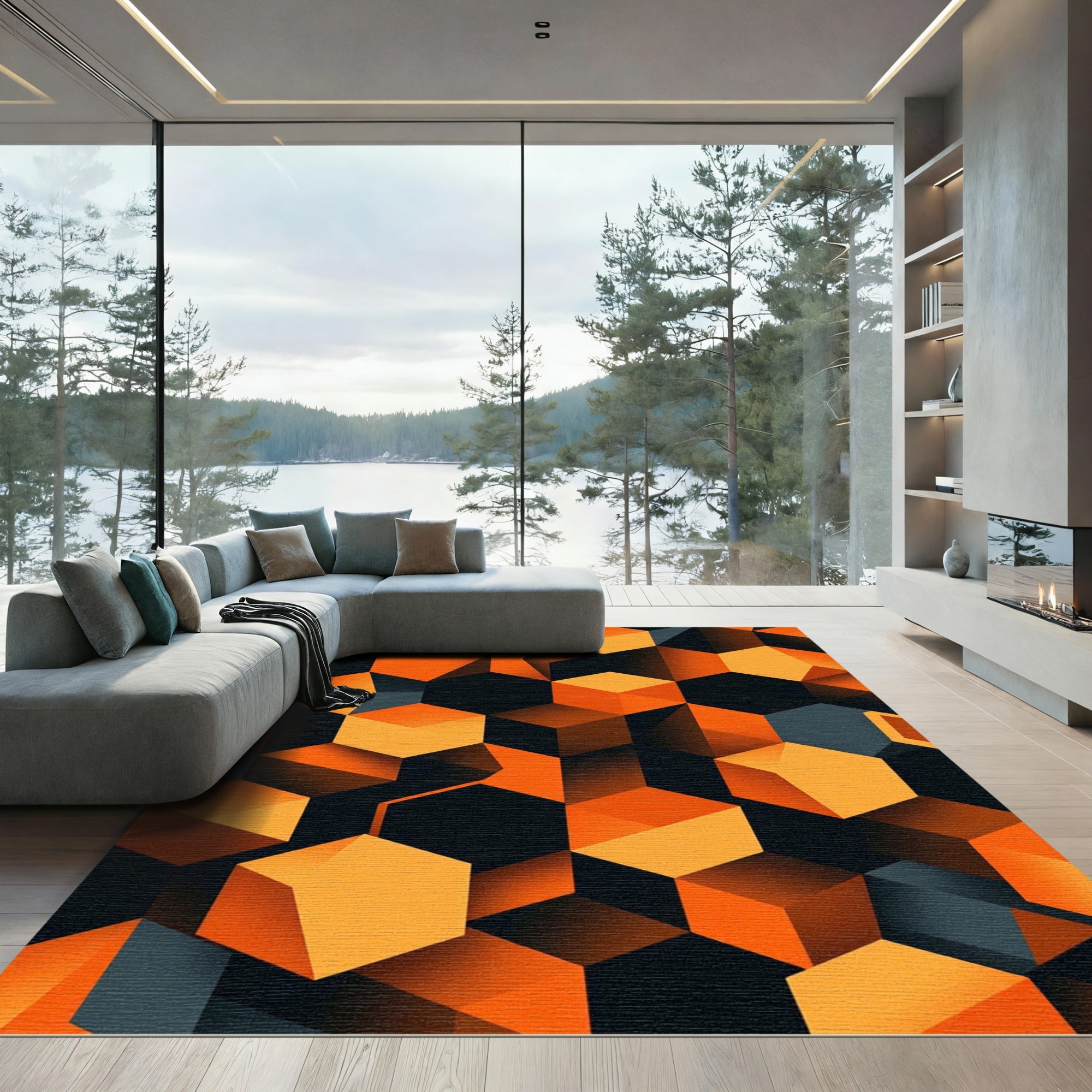 Modern Orange Geometric Hexagon Block Rug
