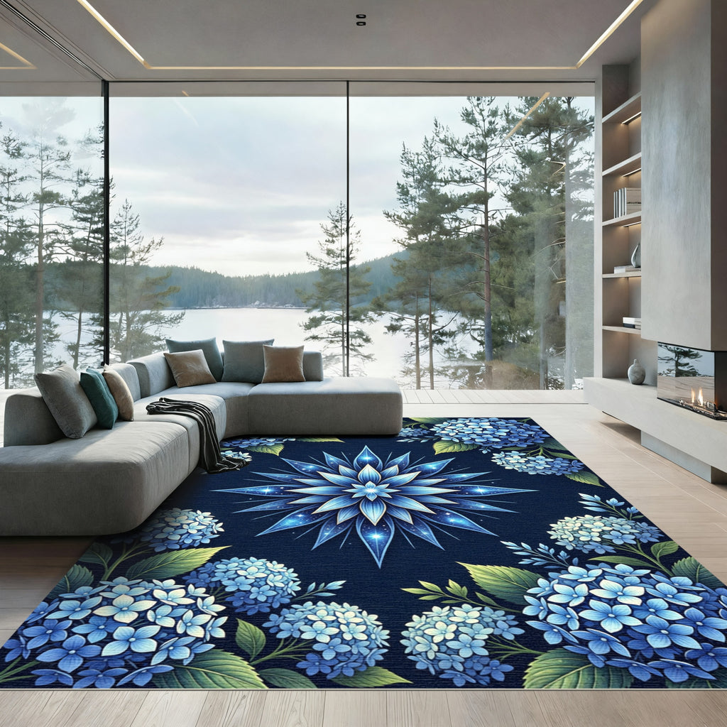 Cerulean Blue Hydrangea Floral Burst Rug