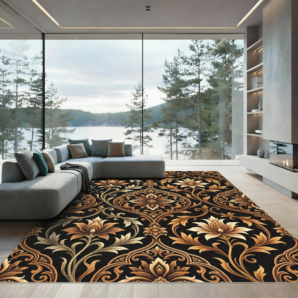Ornate Gold Damask Floral Scroll Rug
