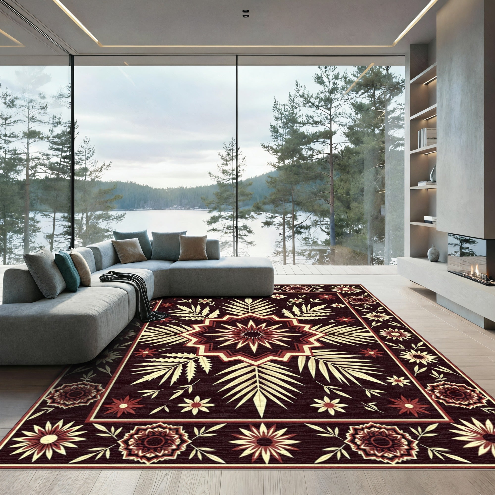 Deep Red Floral Sunburst Medallion Rug