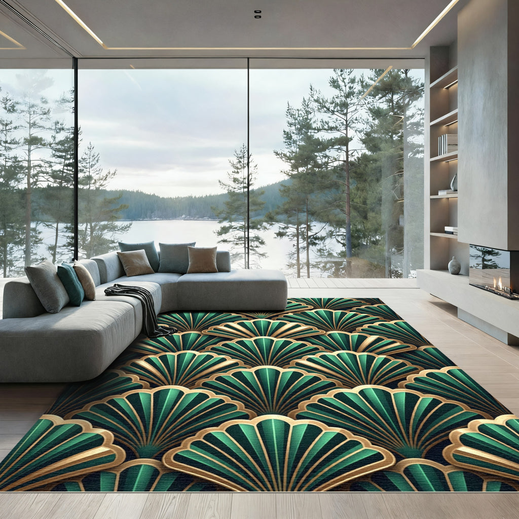 Art Deco Emerald Gold Fan Layer Rug