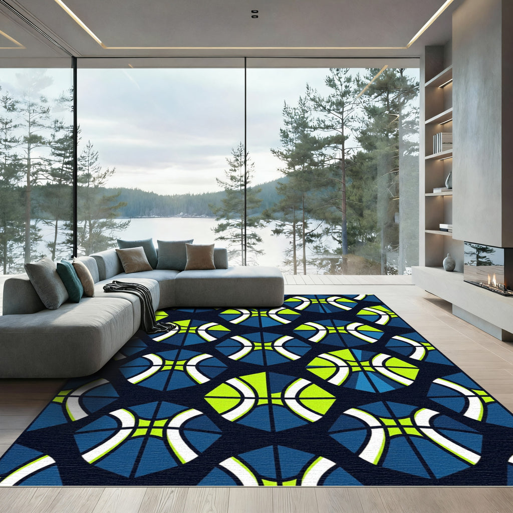 Geometric Lime and Blue Hexagon Abstract Rug