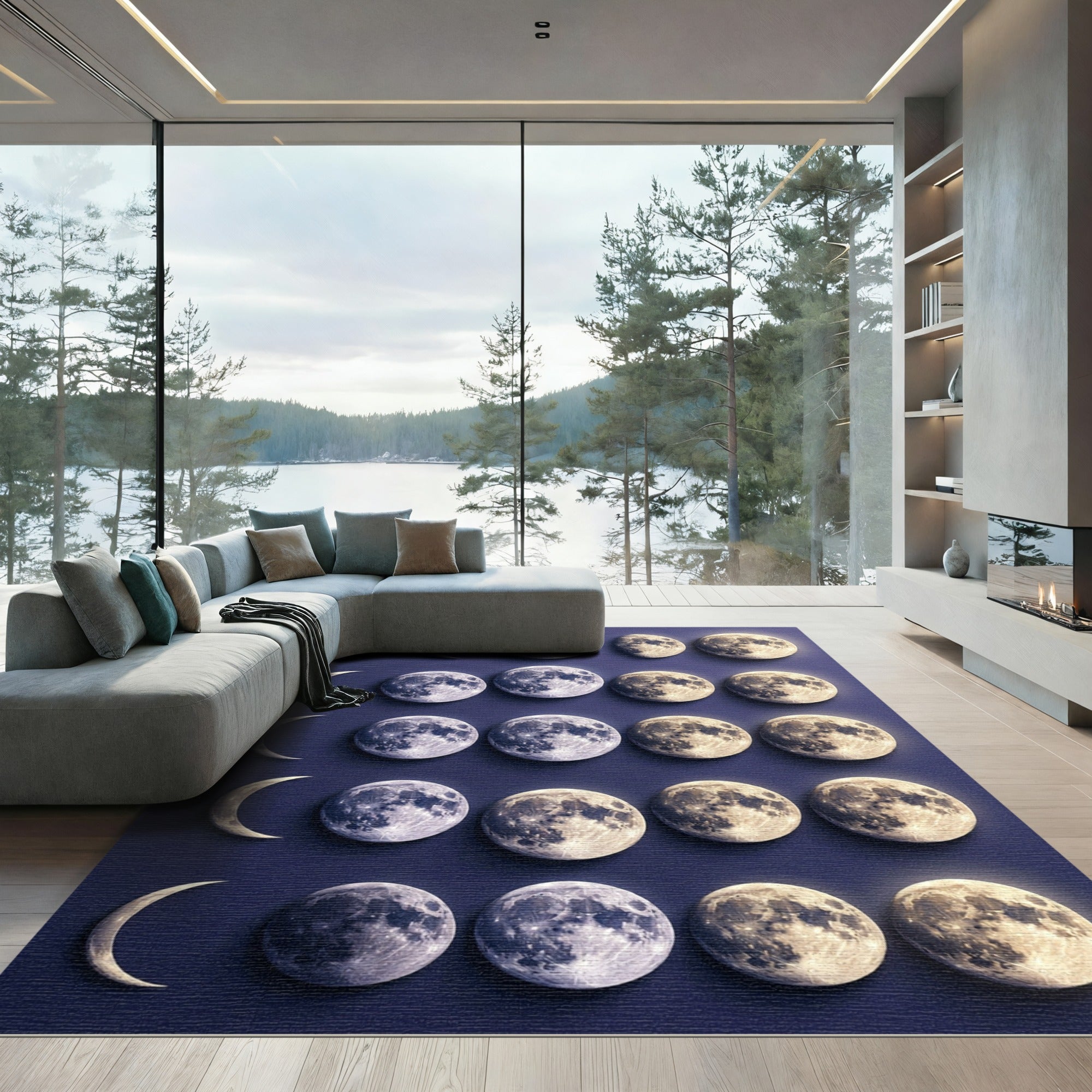 Celestial Lunar Phase Navy Area Rug