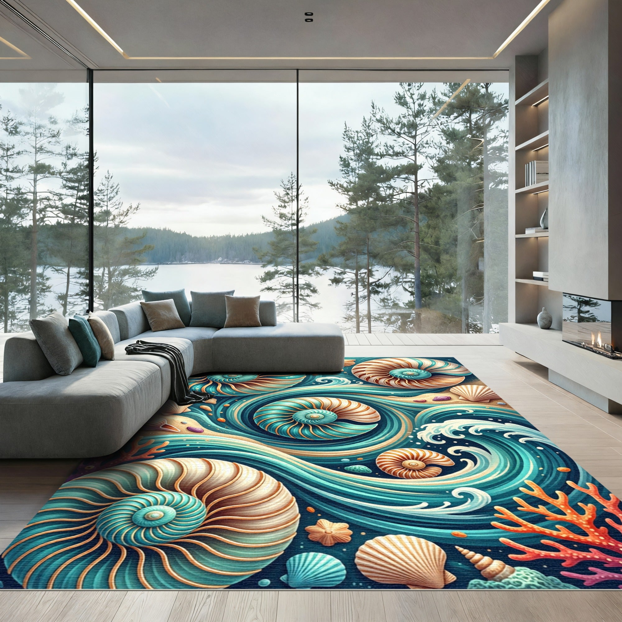 Coastal Teal Seashell Swirl Illustration Rug