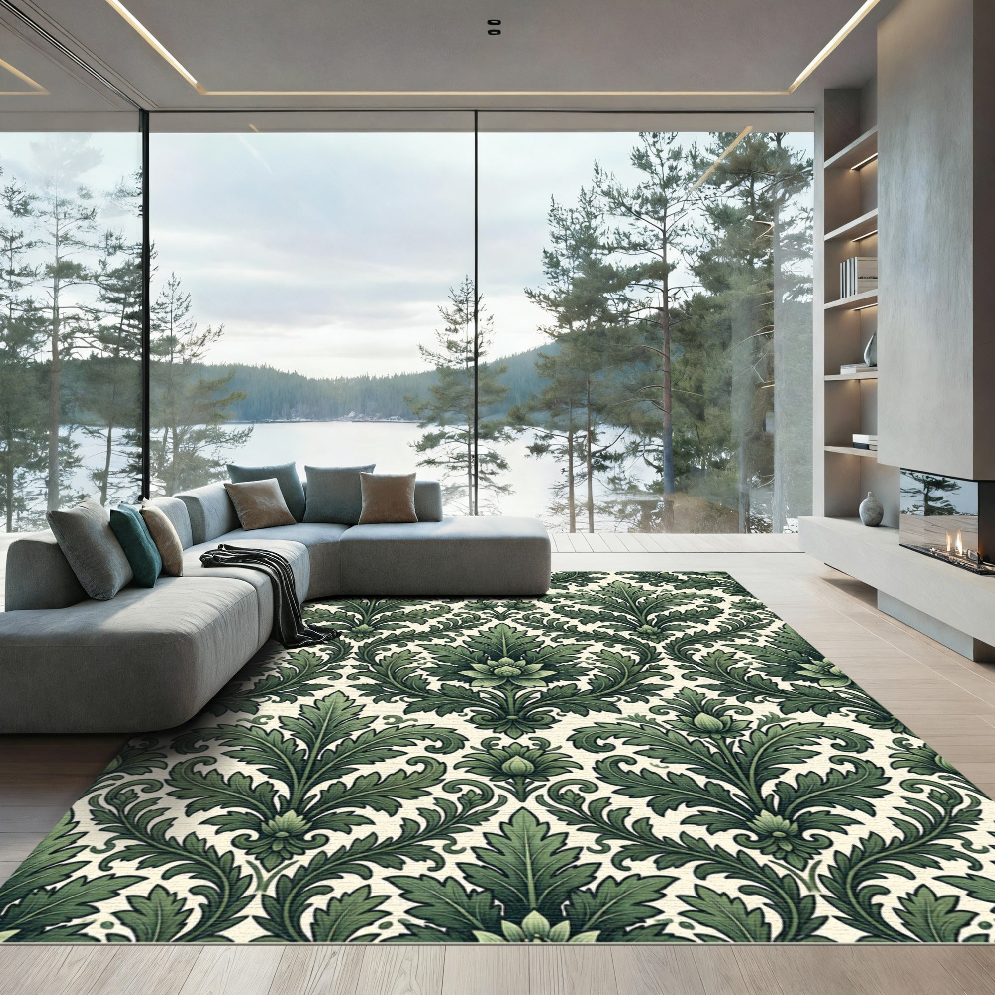 Elegant Dark Green Foliage Damask i Rug