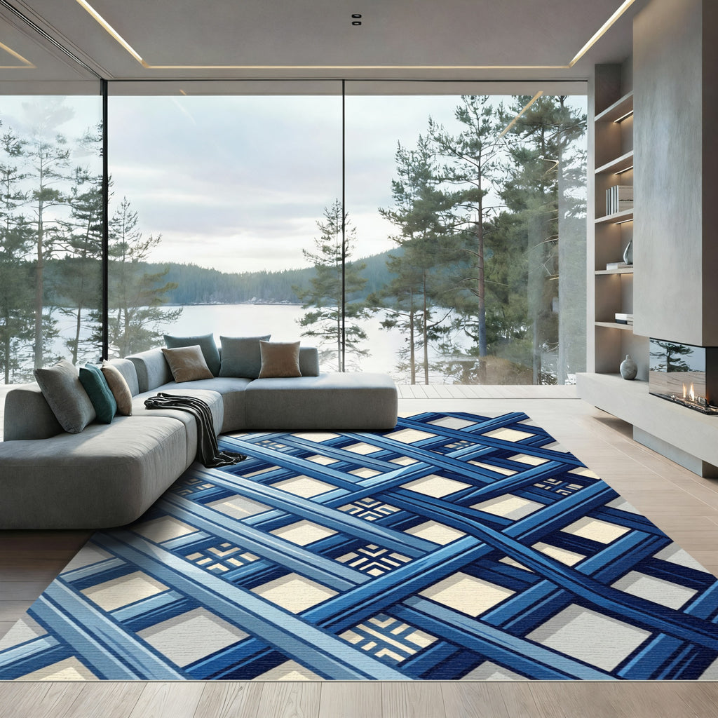 Contemporary Navy Blue Intersecting Grid Rug