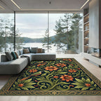 Ornate Emerald Green Floral Birdscape Rug
