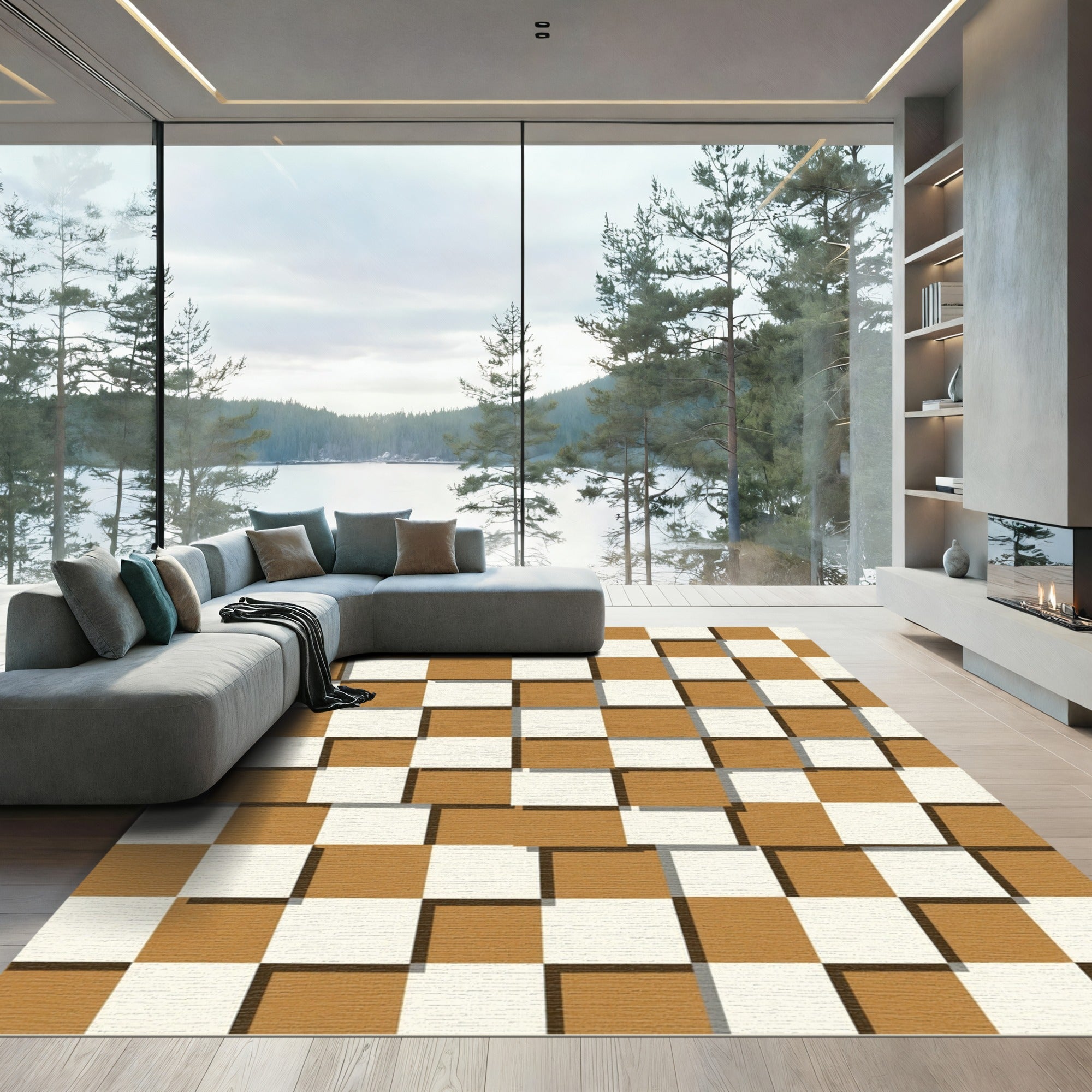 Modern Earthy Tonal Geometric Checkered Rug