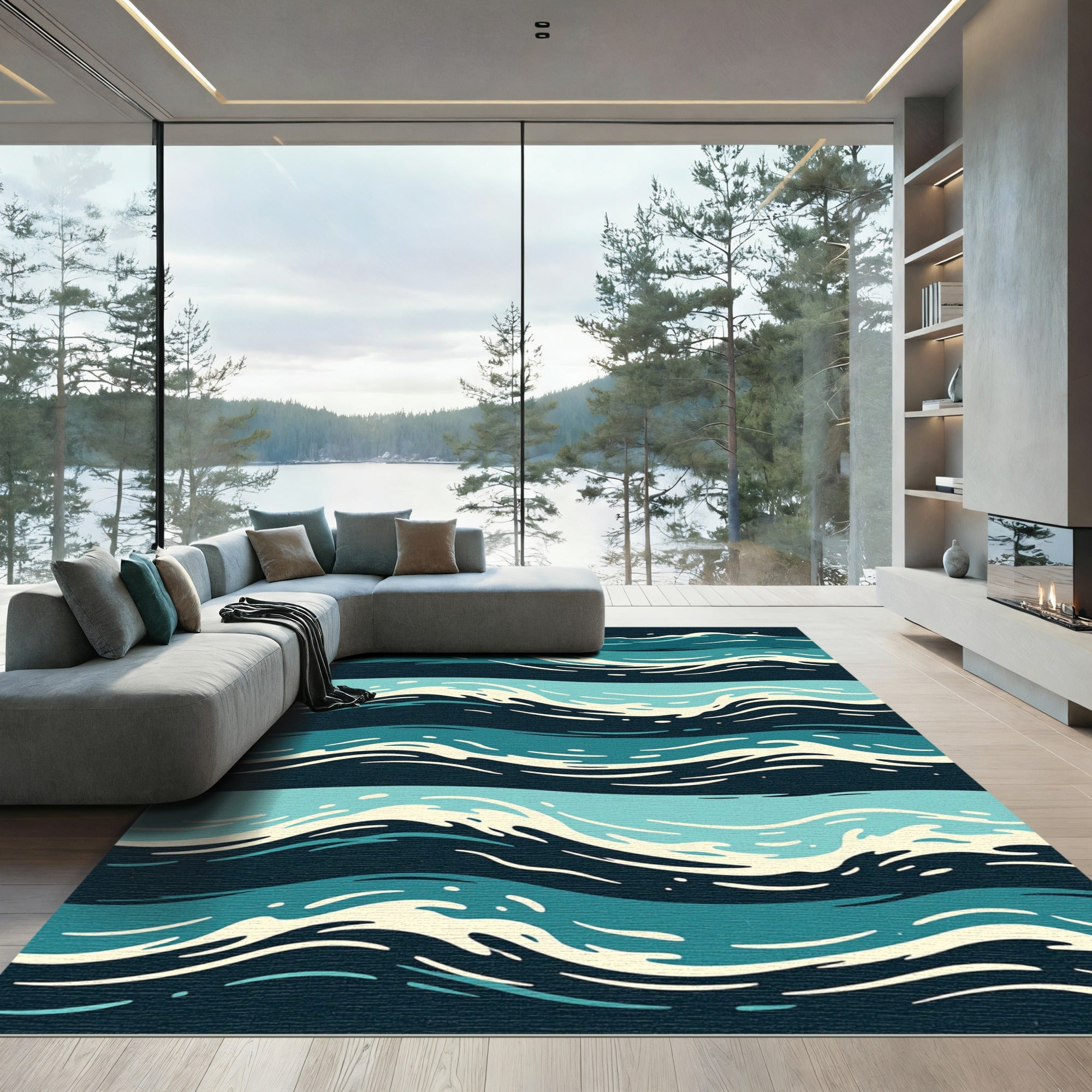 Deep Blue Teal Ocean Waves Rug