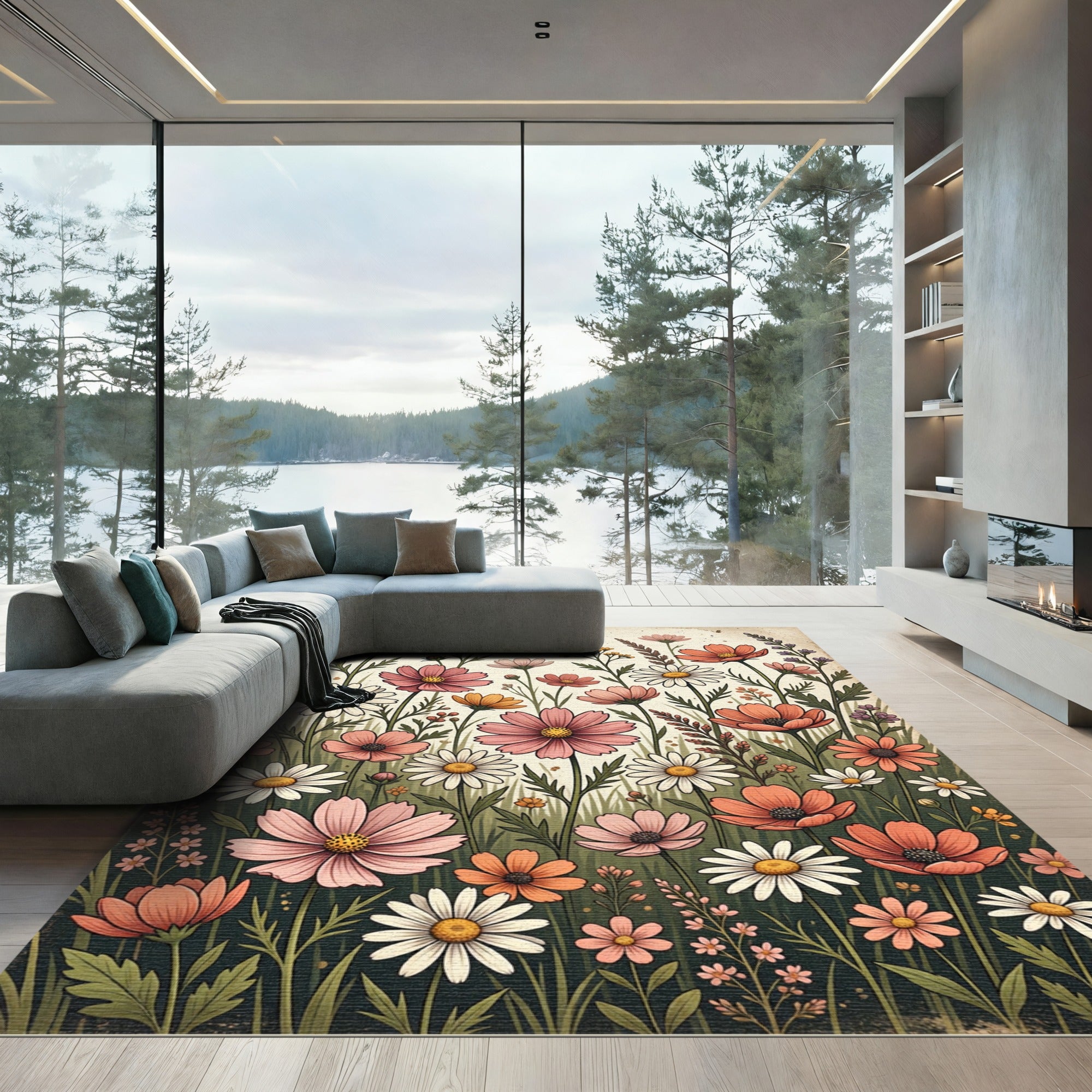 Pink Coral Daisy Floral Meadow Rug