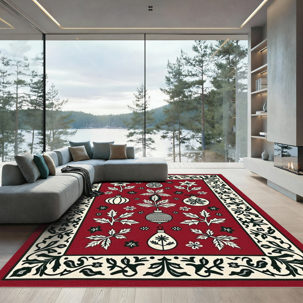 Crimson Mid-Century Modern Holiday Ornaments Rug