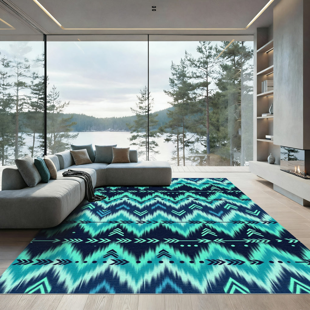 Teal Blue Tribal Arrow Chevron Rug