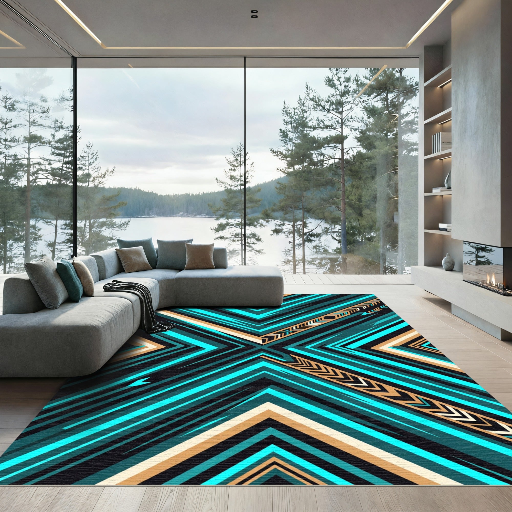 Bold Teal Chevron Geometric Accent Rug