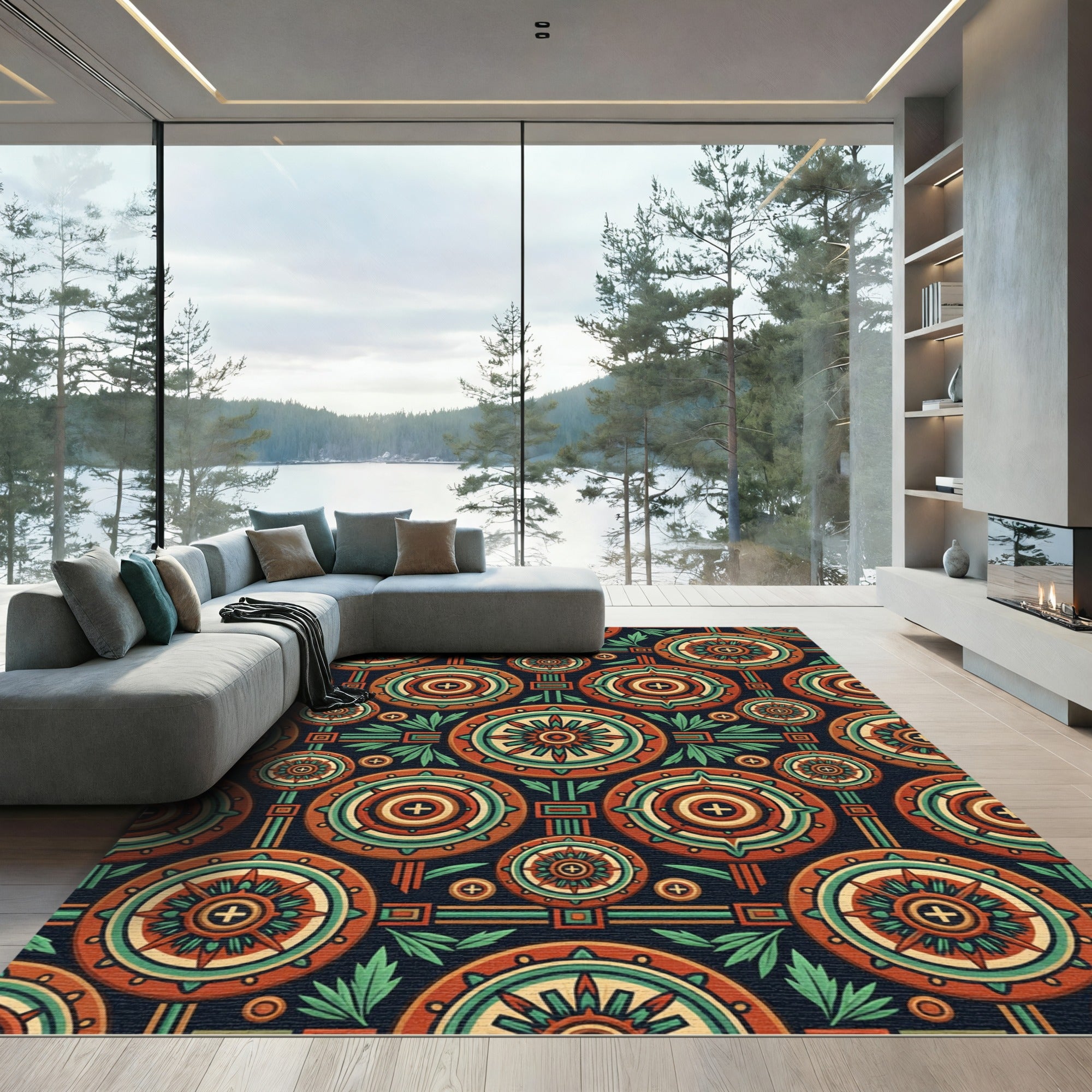 Circular Terra Cotta Geometric Aztec Medallion Rug