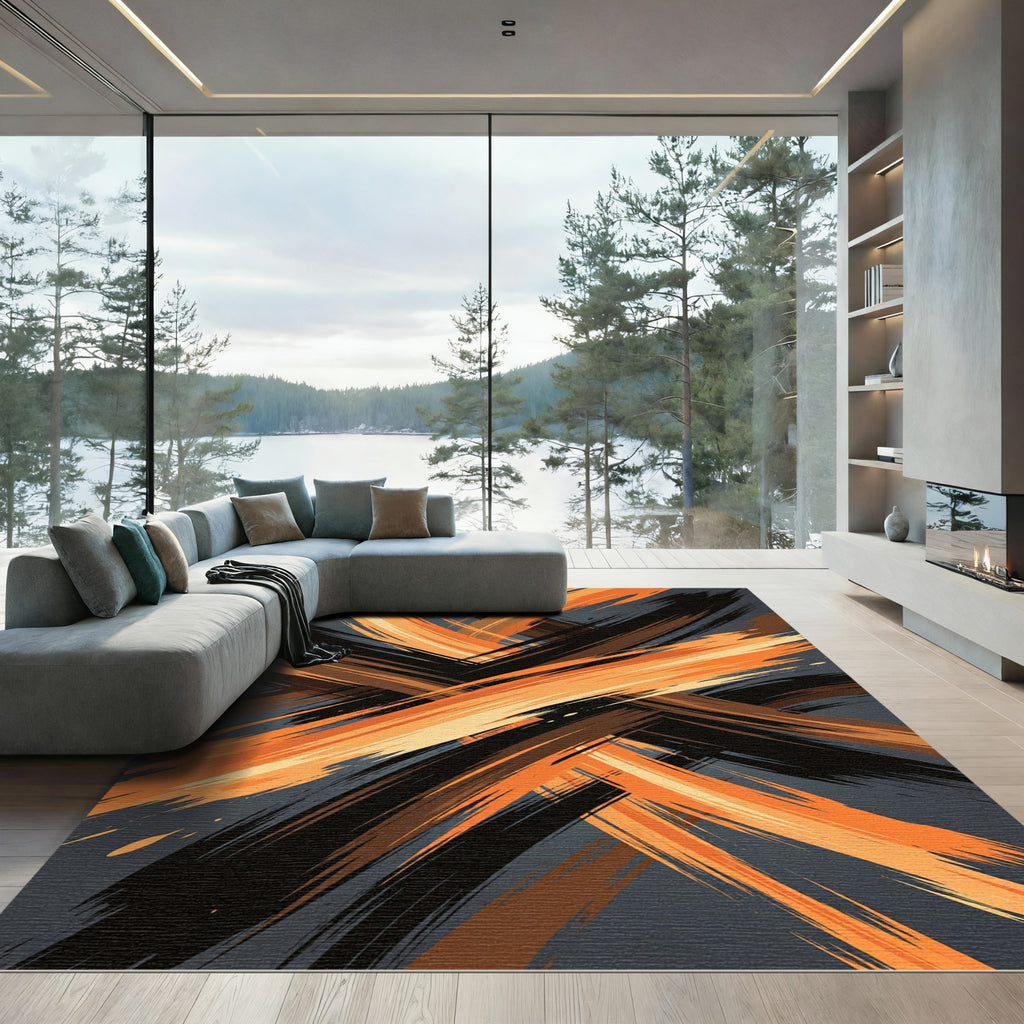 Dynamic Amber and Charcoal Abstract Swirl Rug